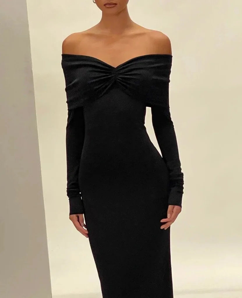 

Sladuo Elegant French Hepburn Sexy Off Shoulder V Neck Long Sleeve Bodycon Maxi Dress Evening Party Club Dresses Vestidos