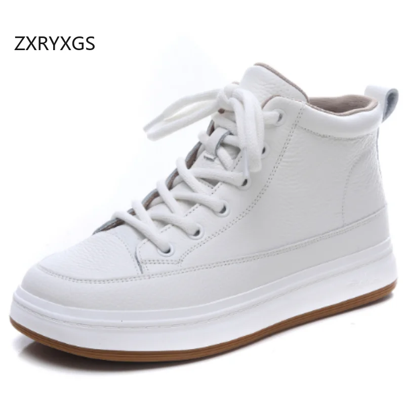 

ZXRYXGS Top Layer Cowhide White Sneakers Black Shoes 2025 New Fashion Cross Strap High Top Ankle Boots Flats Women Trendy Shoes