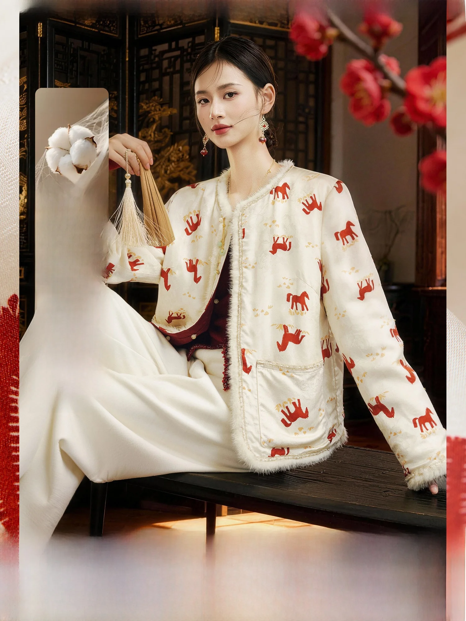 

New Year Silk Jaet Women's Sle Traditional Chinese New Silk Coat Fem Loose Fit round Ne Button up Long Sve Coat