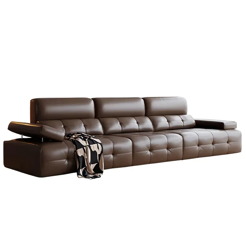 Italian Retro Genuine Leather Sofa Top Grain Cowhide Straight Couch Modern Living Room Furniture Compact Apartment Seating