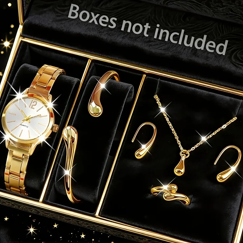 Women's Elegant Jewelry Set: Gold Quartz Watch + Bangle + Ring + Drop Pendant Necklace + Earrings, 6Pcs Set