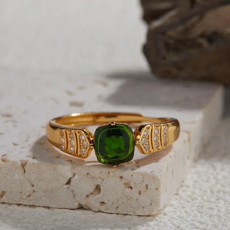 S925 sterling silver natural topaz diopside amethyst colored treasure ring women's light luxury square circle ring French new