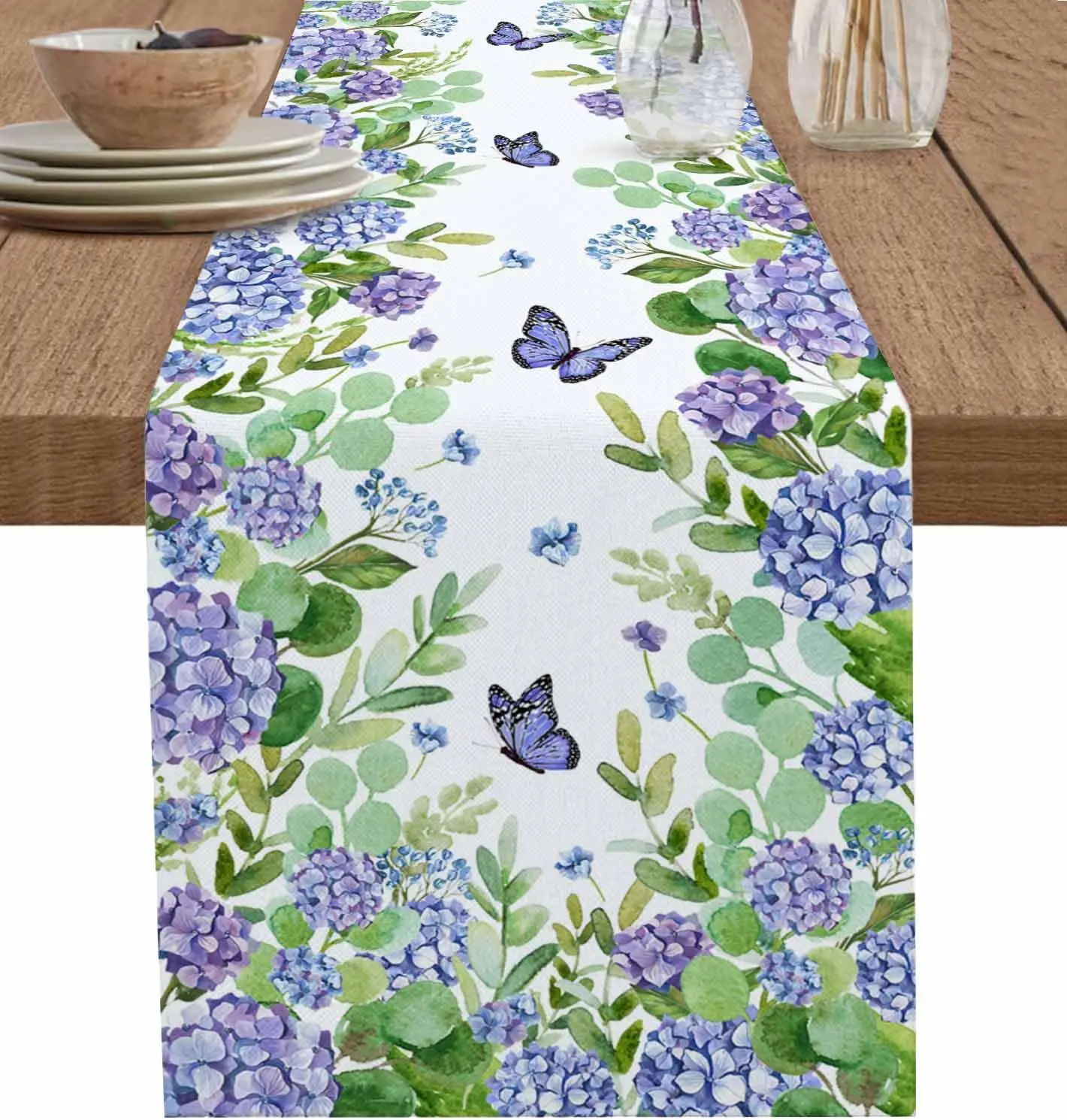Frühlingshortensien-Blumen-Schmetterlings-Leinen-Tischläufer Partydekoration Bauernhaus-Küchen-Esstischläufer Hochzeitsdekorationen – Detail 1