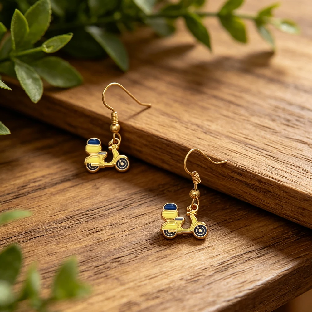 Yellow Mini Motorcycle Oil-Drop Earrings, Cute Scooter Style, European and American Fun Style Women's Earrings