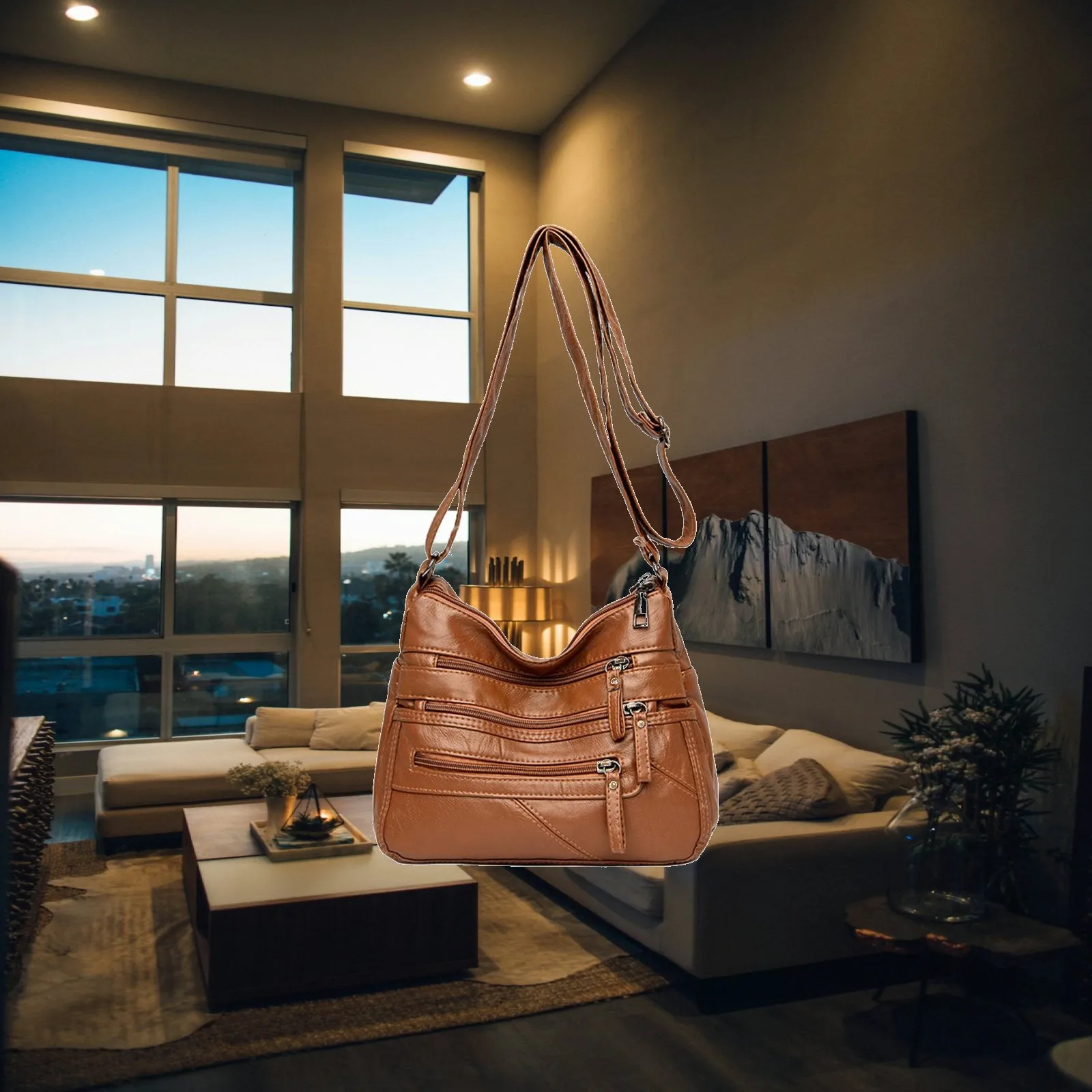 Soft PU Leather Crossbody Bag for Women Black Small Pocketbook Tote Purse with Multiple Compartments and Zipper Closure