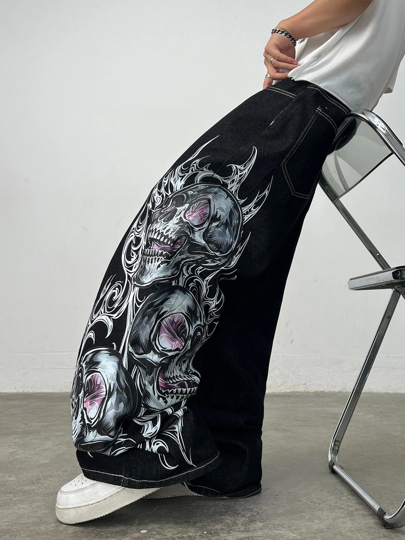 High Street Vintage Dark Skull Print Design Black Wide-Leg Jeans Men Y2K Punk Street Hip-Hop Fashion Long Pants Halloween Gift