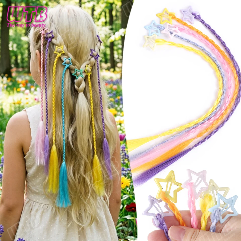 5pcs Colorful Braided Synthetic Wig Random Colorful Star Clips with Colorful Braids Suitable for Girls to Wear for Holidays