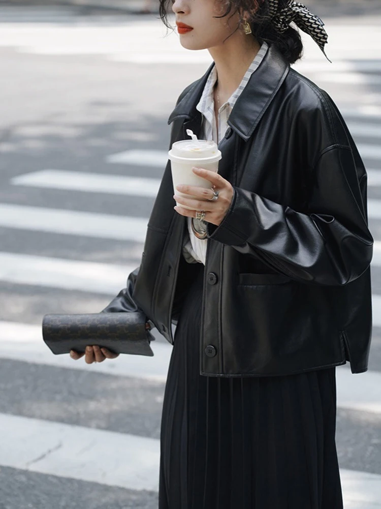 PU Leather Women Jacket French Style Retro Turn Down Collar Black Loose Single-breasted Short Coat Autumn Casual Outerwear