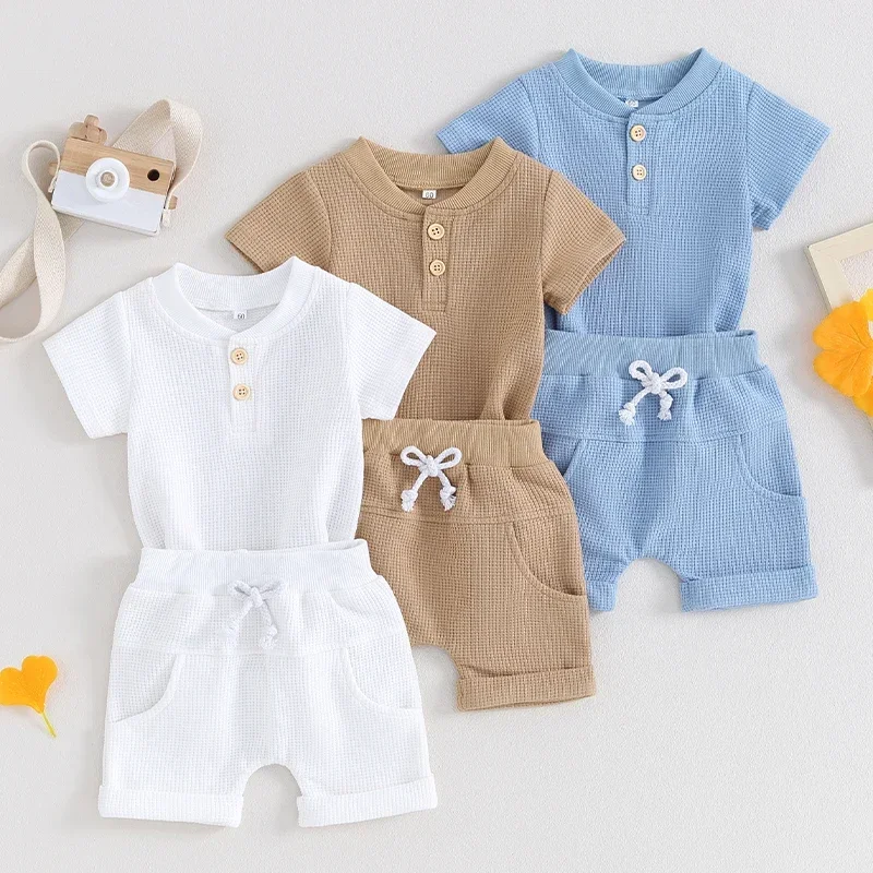 Baby Infant Boys Cotton Short Sleeve Button Romper with Shorts Newborn Clothes Set Outfit 0-12M