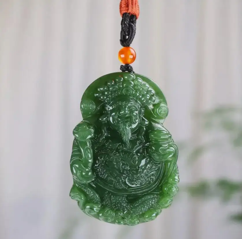 Chinese Natural HeTian Green Jade jadeite Hand-Carved pendant The God of Wealth