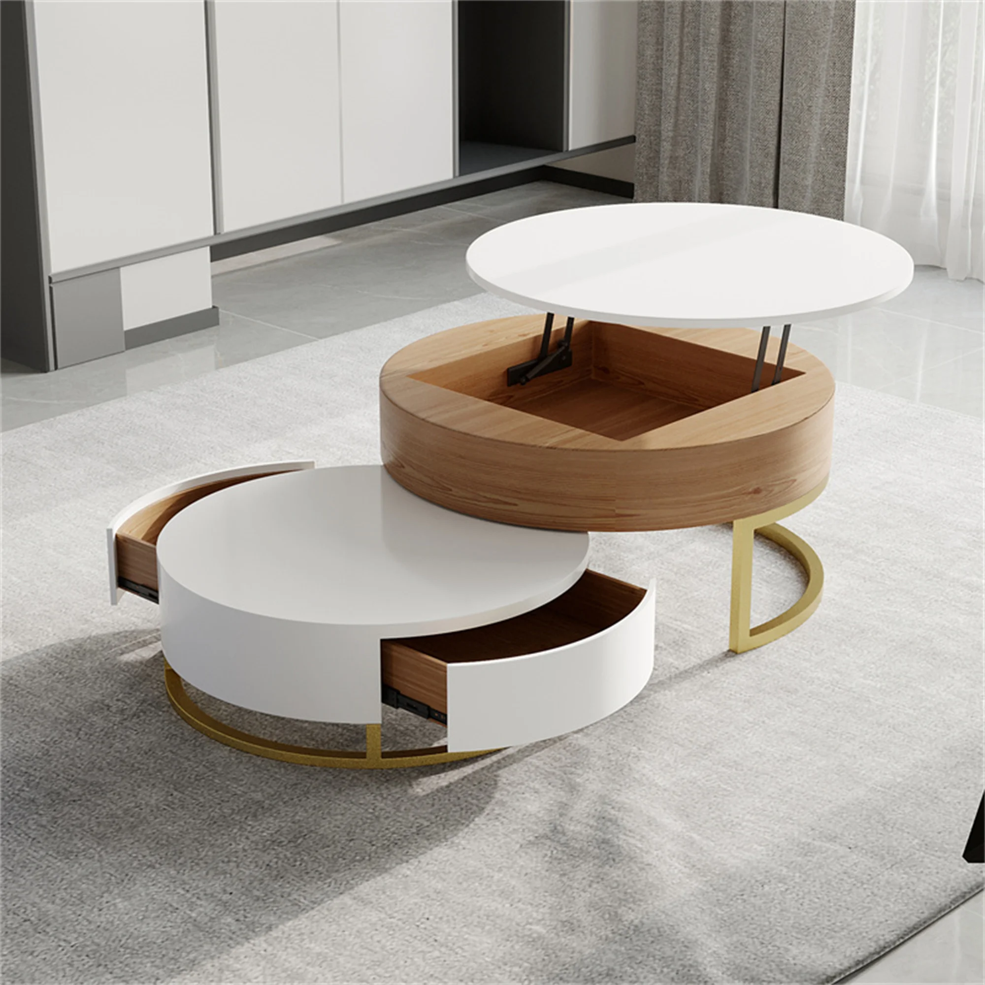 

Круглый журнальный столик из МДФ с подъемной столешницей, мраморная столешница с вращающимися ящиками, готовый к отправке