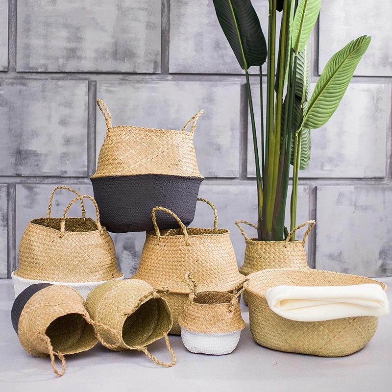 

Mulitcolor Weaving Storage Folding Clthoes Laundry Basket Straw Wicker Rattan Garden Flower Pot Plant Basket Kitchen Organizer