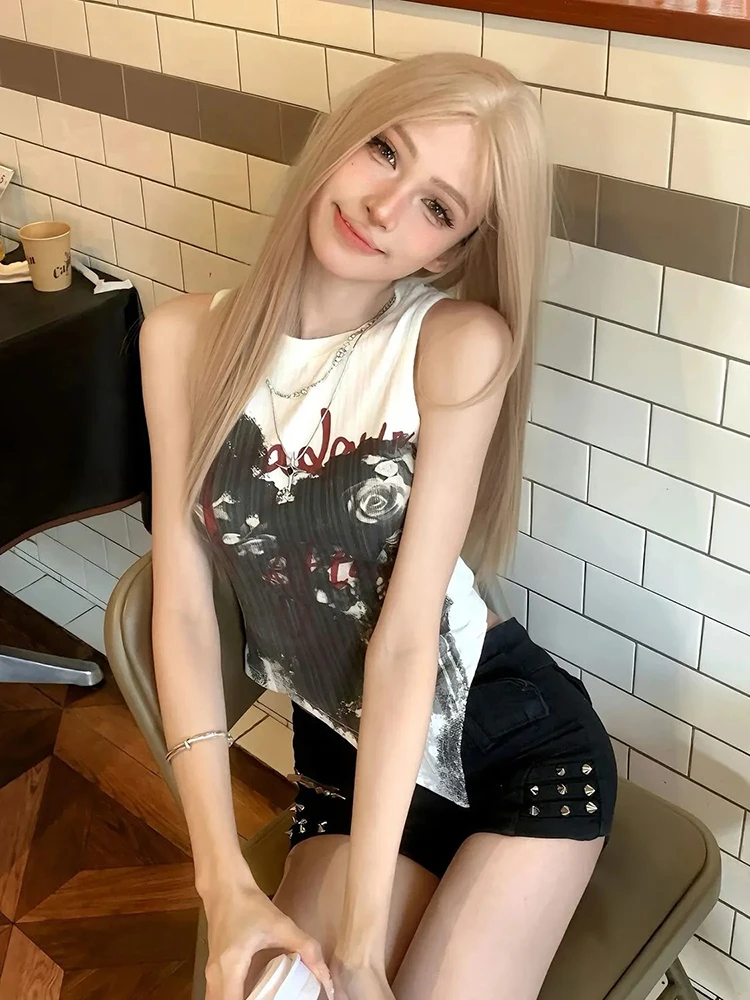 هاي ستريت روز طباعة غير النظامية الدبابات المرأة الصيف بلا أكمام سليم كاميس موضة شيك القوطية Y2K سيدة الدبابات كاميس جديد