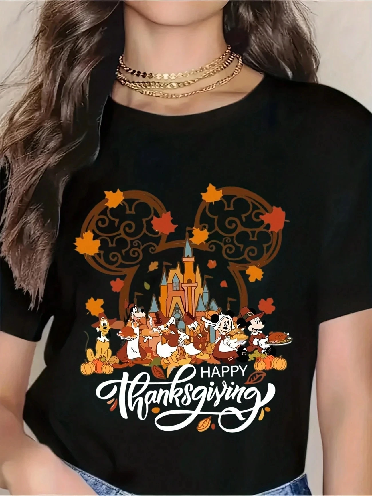 

Disney Thanksgiving Women's T-Shirt With Mickey Mouse Ears Castle And Classic Characters Happy Thanksgiving Print