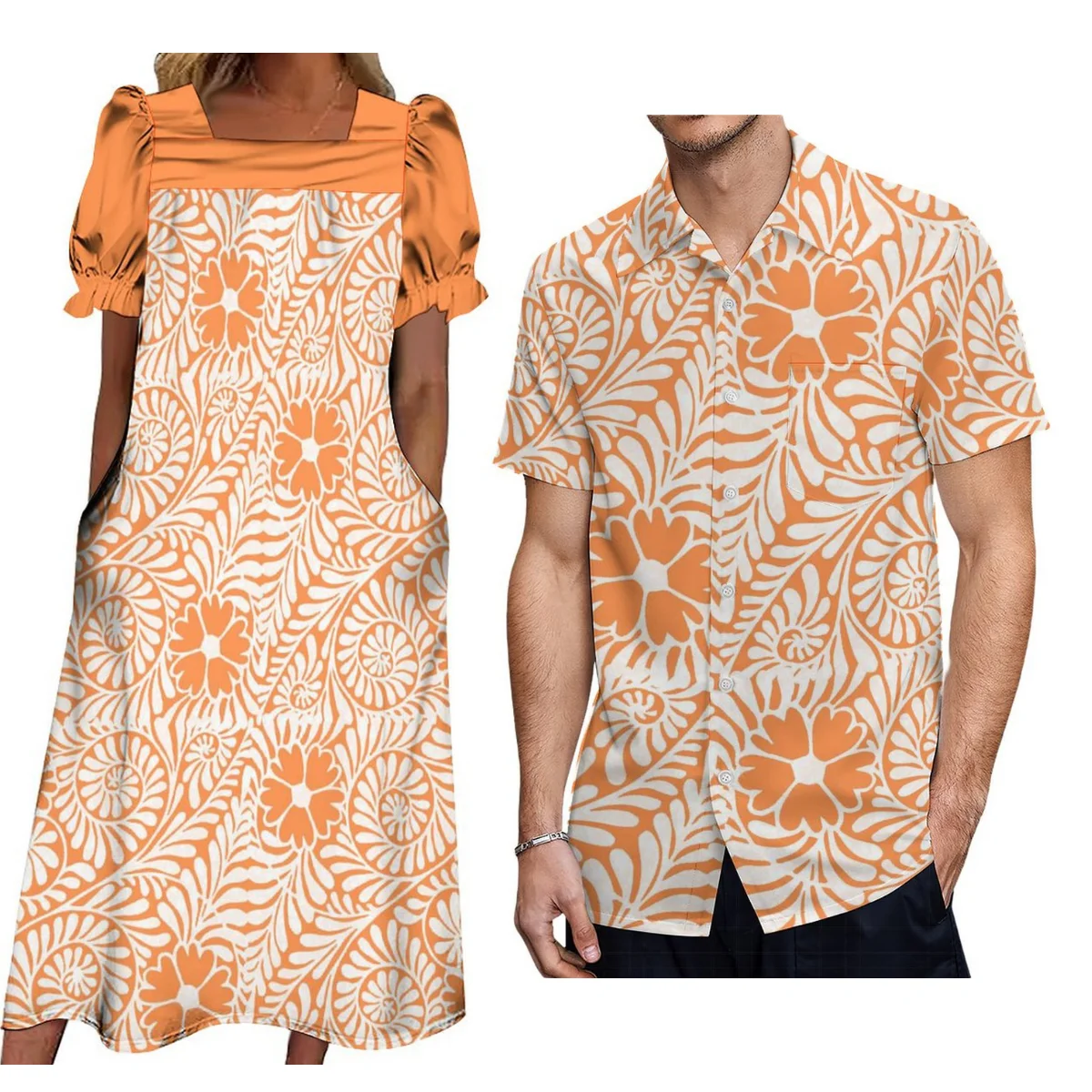 New Design Micronesia Mumu Dress Custom Printed Puffy-Pocket Dress With Men'S Shirt Polynesian Tribe Paired With Couple Suit