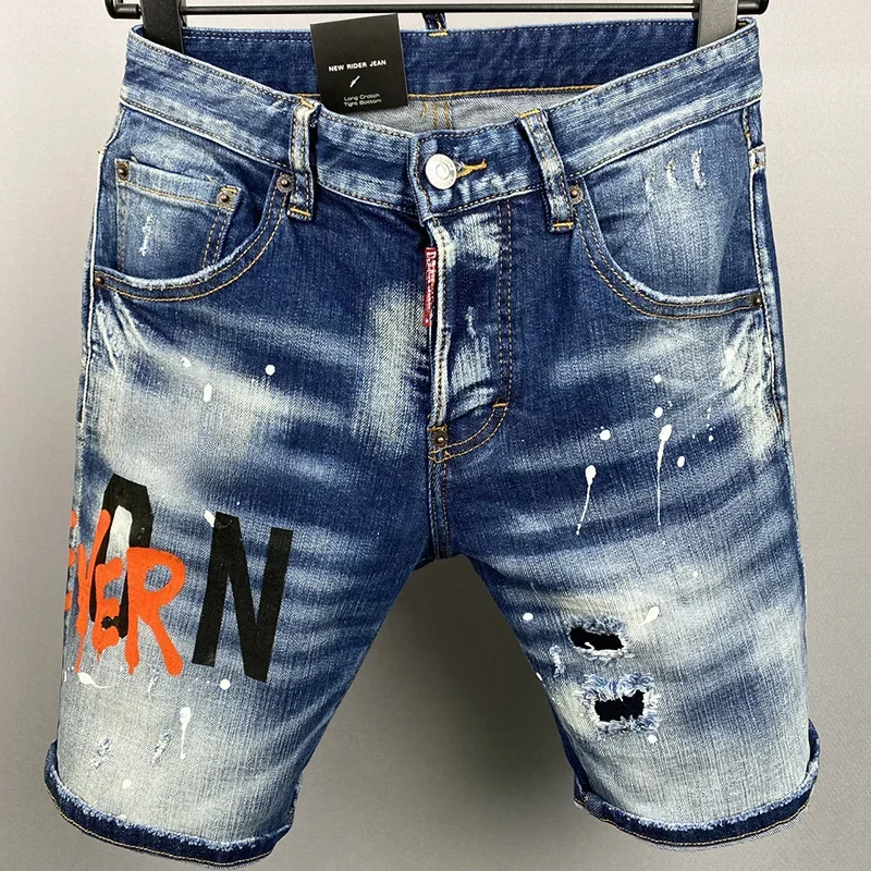 New Summer  Men Blue Short Jeans Stretch Fit Denim Shorts Italian Street Style Man Fashion High Quality Male Holes Jeans Shorts