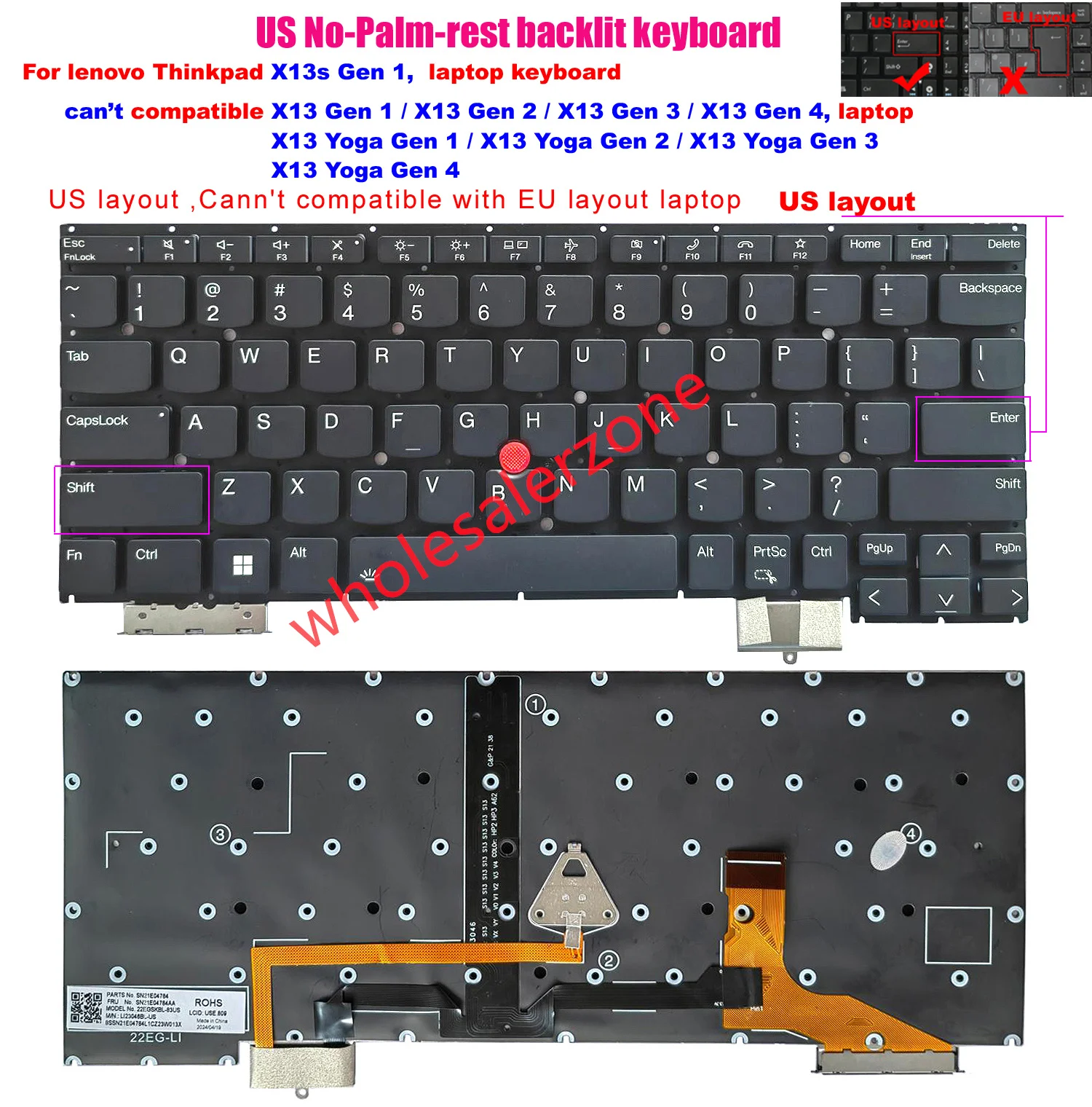 

Новая клавиатура с подсветкой для ноутбука IBM Thinkpad X13s серии поколения 1, клавиатура с американской раскладкой без подставки для рук