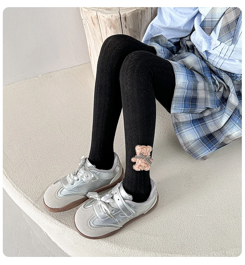 Flauschige Strumpfhose mit Bären- und Schleifendekor, niedliche, verschleißfeste, anti-pilling-Textur für kleine Mädchen, bequeme Leggings aus Stretch-Stoff für den Alltag – Detail 16