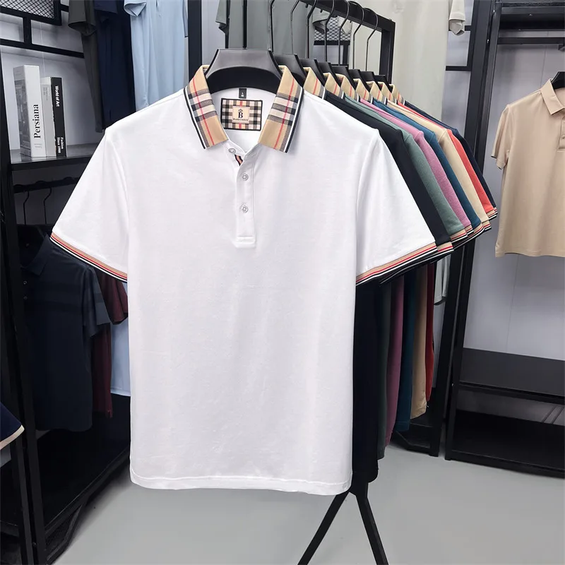 Luxury brand short sleeve polo shirt men's summer new silk cotton breathable fashion top casual business plaid lapel T-shirt image 6