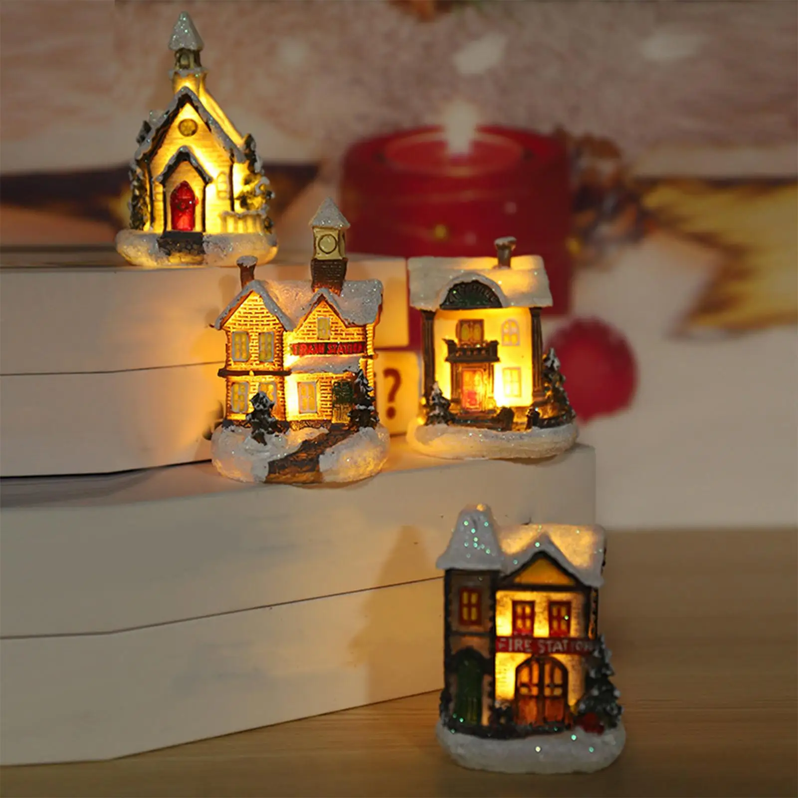 

4pcs Retro Style Resin Christmas Scene House LED Lighted Village Xmas Table Centerpieces Desktop Garden Holiday Ornaments