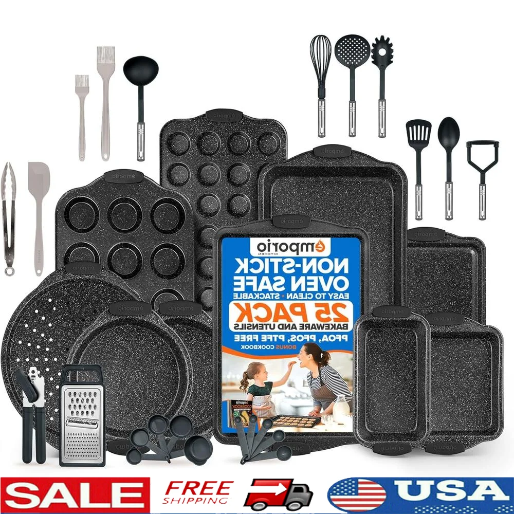 

25-Piece Nonstick Carbon Steel Bakeware Set Oven Safe with Silicone Handles Recipe Booklet Ideal Baking Cookies Muffins Pans