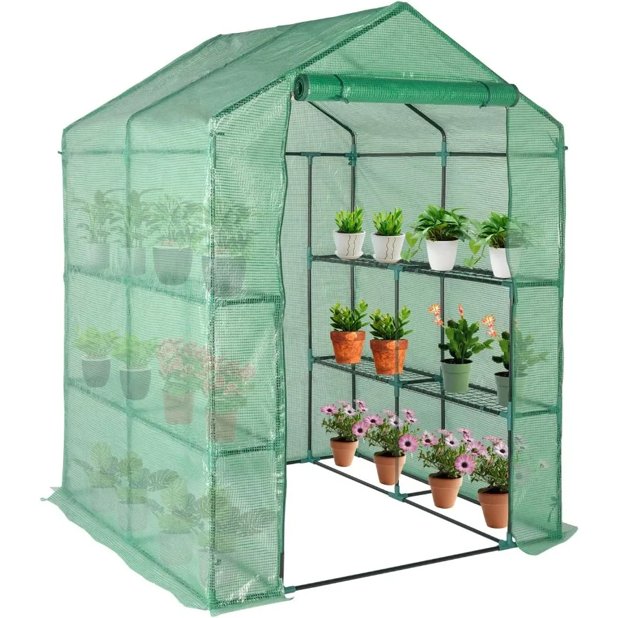 Outvita Walk-in Greenhouse Outdoor Durable PE Plant Green House for Frost Protection with 3 Tiers 8 Shelves Shelf Clips Roll-up