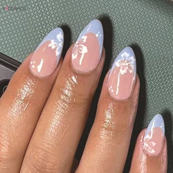 24Pcs White Flower Short Almond Press-on Nails Set Glossy Acrylic Full Cover Blue French Fake Nails Arts For Women and Girls