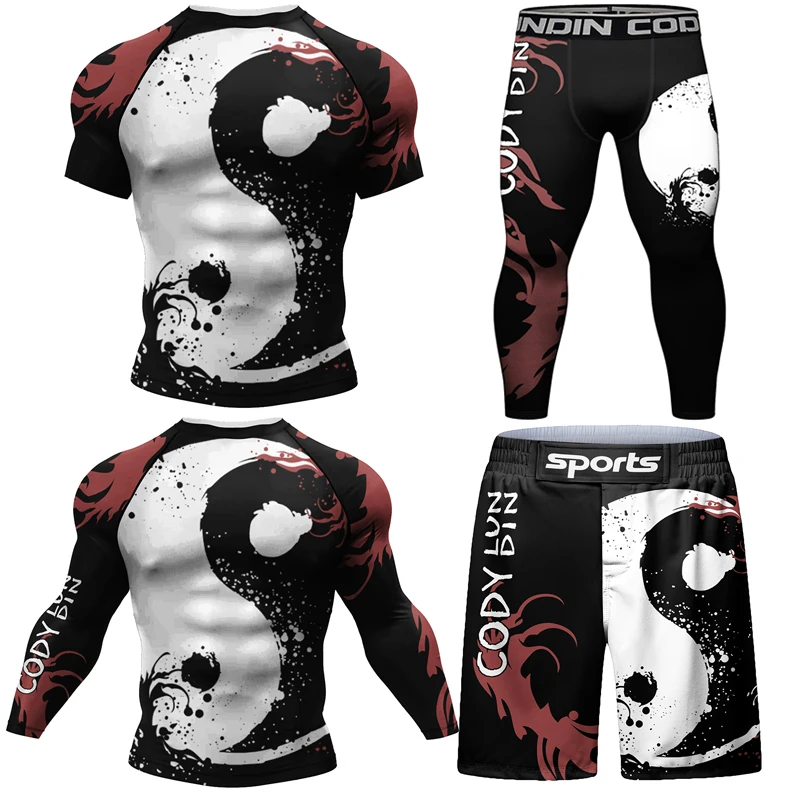 MMA BJJ Rashguard t-shirty + zestaw spodni Jiu Jitsu Rash Guard dres koszulki bokserskie Muay Thai kompresyjne męskie ubrania do kickboxingu