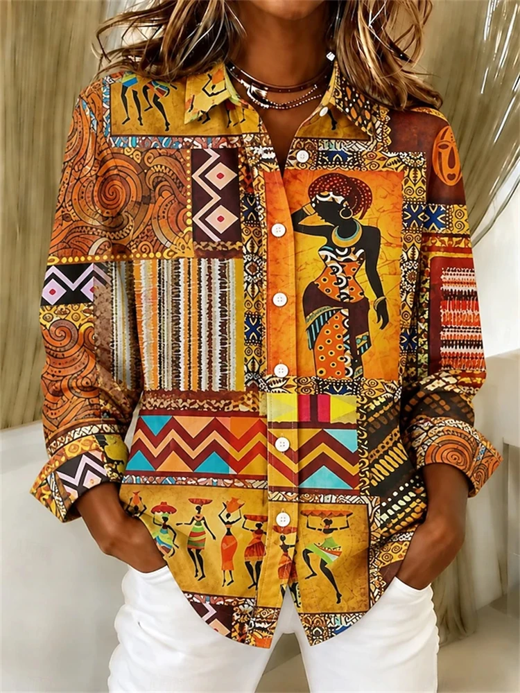 2026 New Autumn Long-Sleeve Shirt Vintage Tribal-Print Button-Down with Collar Stylish Street-Style Ethnic-Inspired Apparel