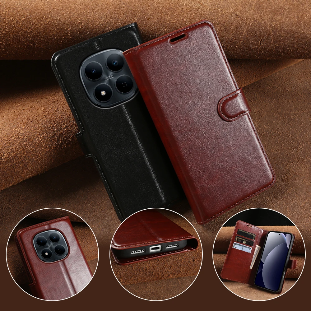 

Premium Crazy Horse Leather Flip Case For Redmi Note 15 Pro 4G 5G 14 Pro Plus A5 15C 14C 12C Phone Wallet Case Cover Coque Funda