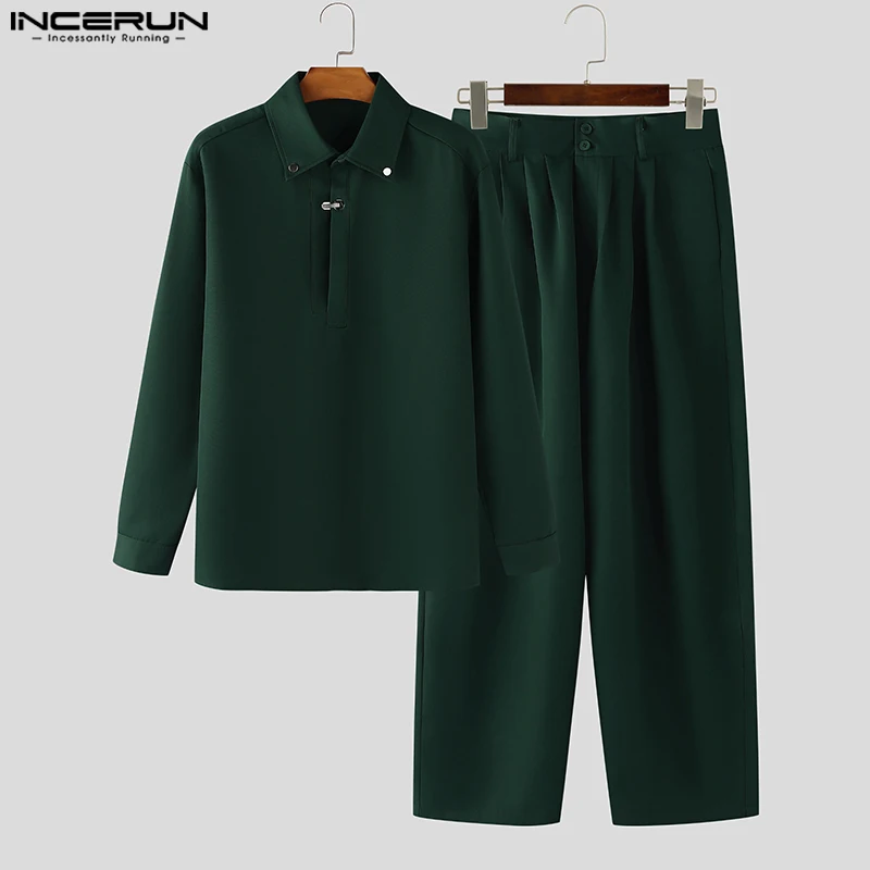 

INCERUN Men Sets Solid Color Korean Style Loose Lapel Long Sleeve Shirt & Pants 2PCS Streetwear 2025 Fashion Casual Men's Suits
