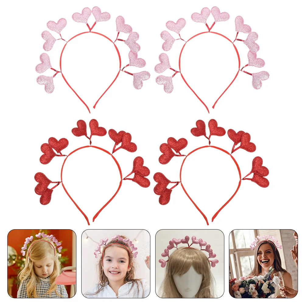 4 Pcs Girl Headband Decor Love Romantic Hair Accessories Valentine's Day Heart Headbands Red Hoop