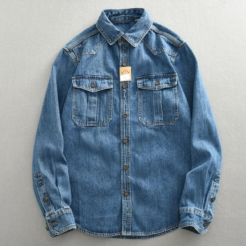 American Retro Denim Shirt Jacket For Men Fashion Safari Style Lapel Pocket Splicing Coat Casual Loose Male Autumn Shirts