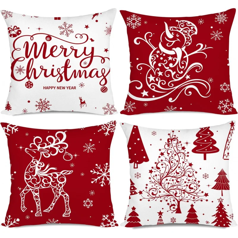 

Red Christmas Pillowcase 16x16 inches 4-piece Set Pine Tree Deer Snowman Farmhouse Vacation Decoration Sofa Pillowcase