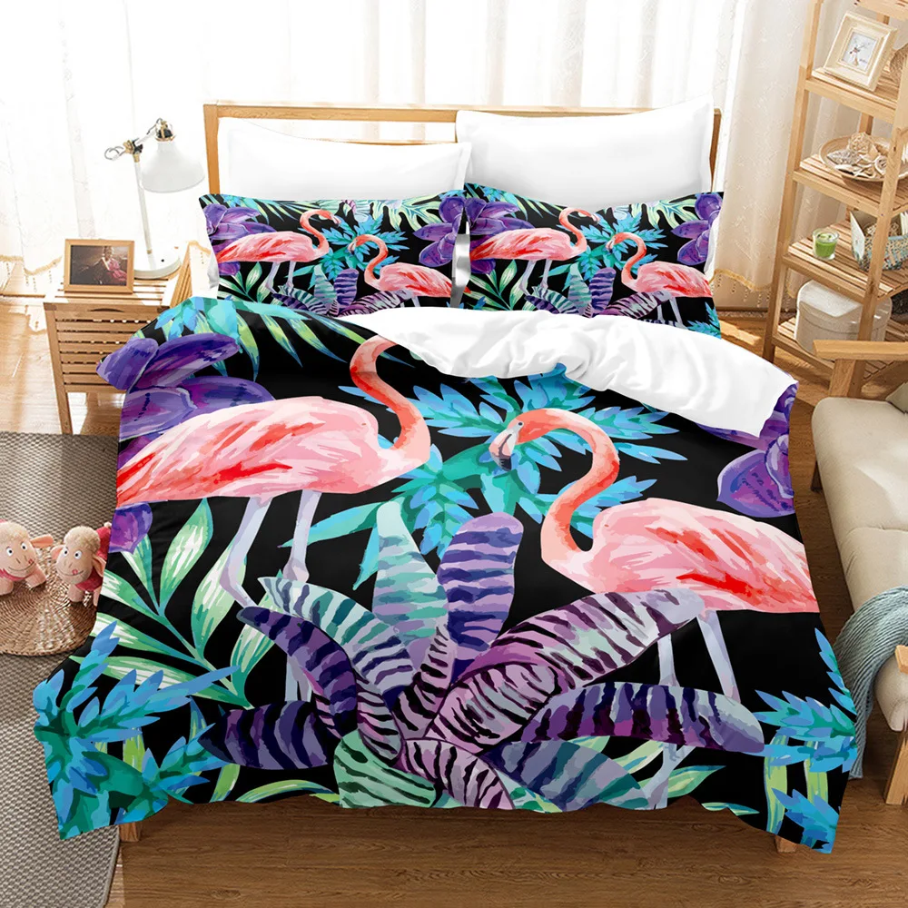 

Flamingo Duvet Cover Set Palm Leaf Bedding Set Flower Tropical Botanical Hawaiian Island Floral Queen King Polyester Quilt Cover