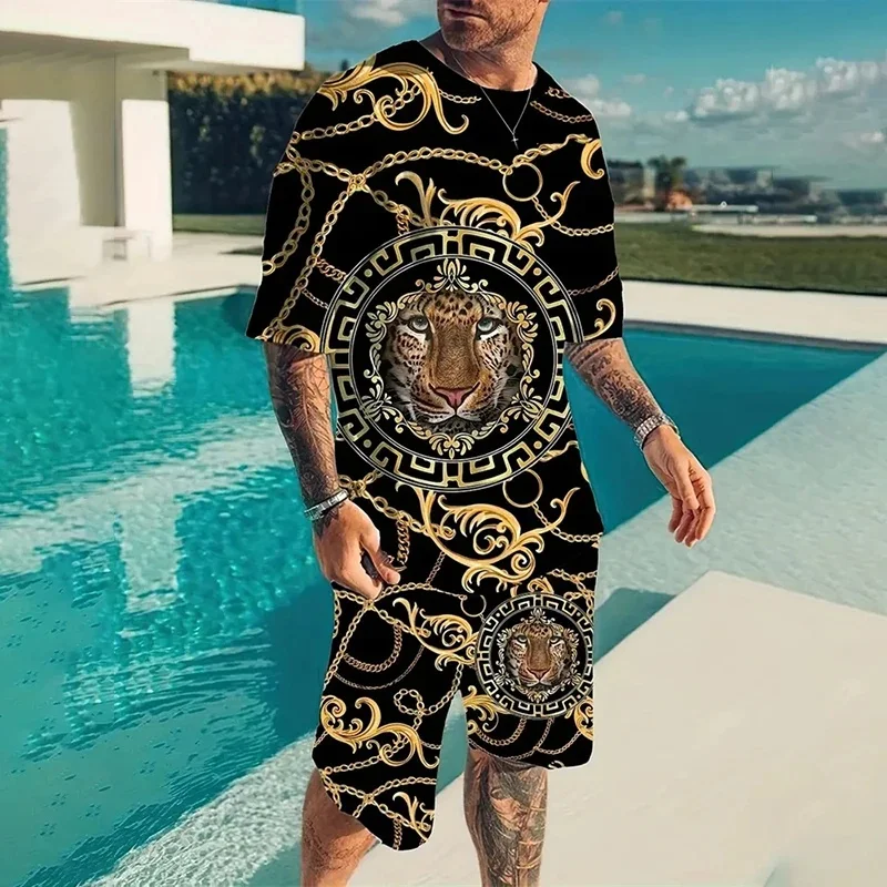2026 جديد الصيف ملابس رياضية رجالية النمر مطبوعة عادية الشارع دعوى ثلاثية الأبعاد ستيريو مطبوعة بحر تي شيرت رجالي السراويل قطعتين مجموعة #5