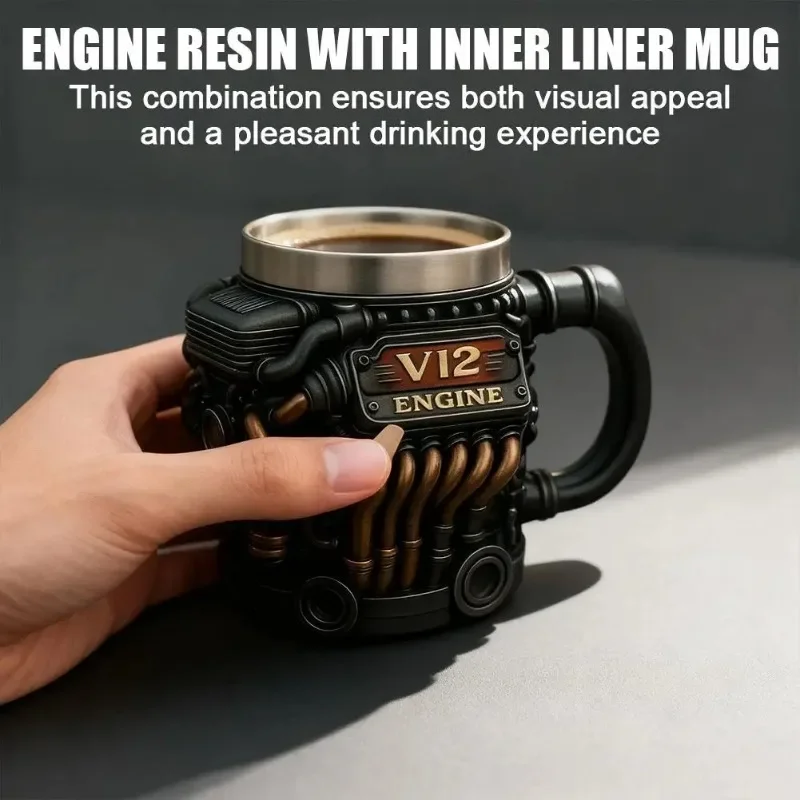 

Handmade Stainless Steel Coffee Cup V12 Engine Design 3D Tea Mug for Car Enthusiasts Unique Office Home Gift