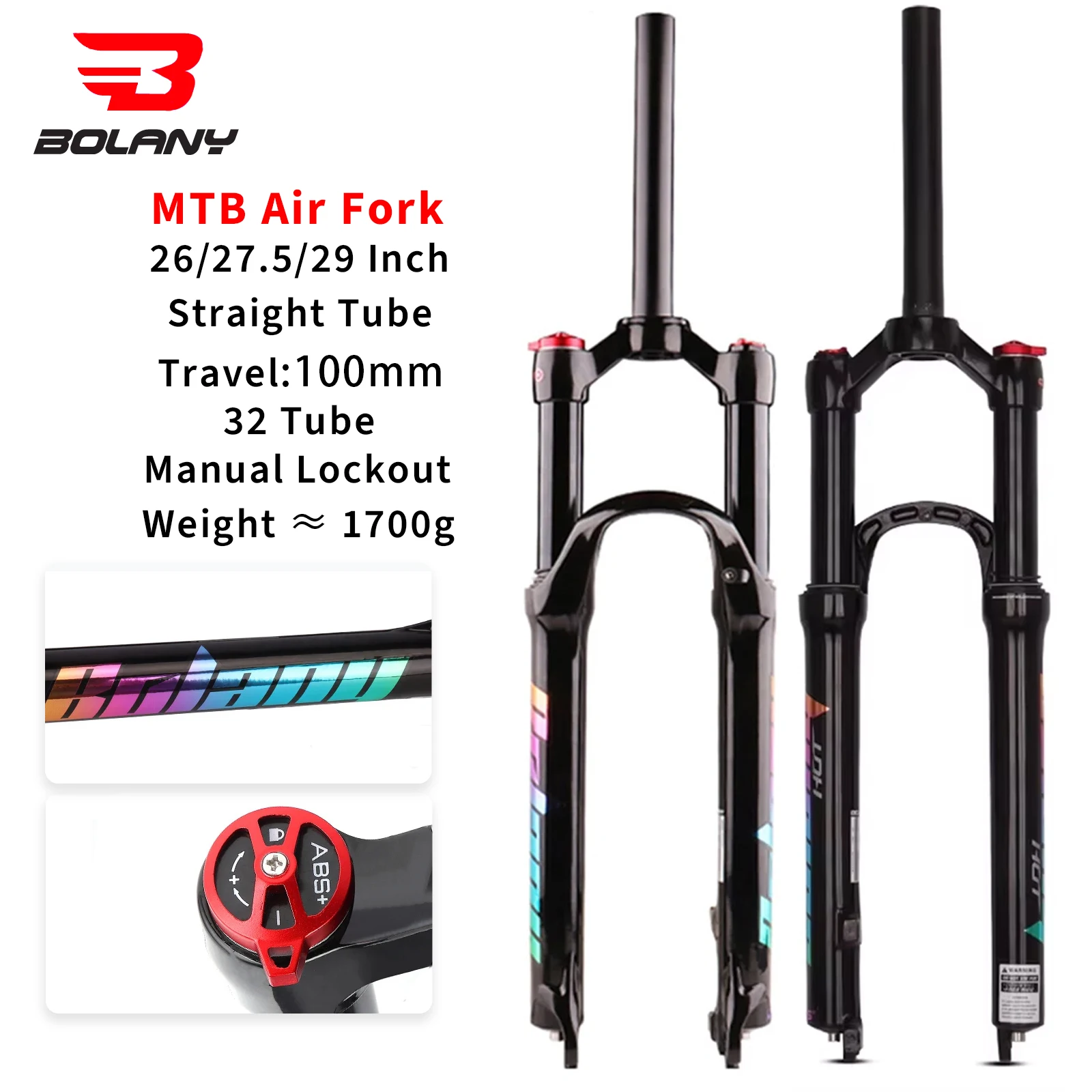 BOLANY Mountain Bike Suspension Fork 26/27.5/ 29 Inch Disc Brake Manual Lock Straight Tube Travel 100mm MTB Air Fork