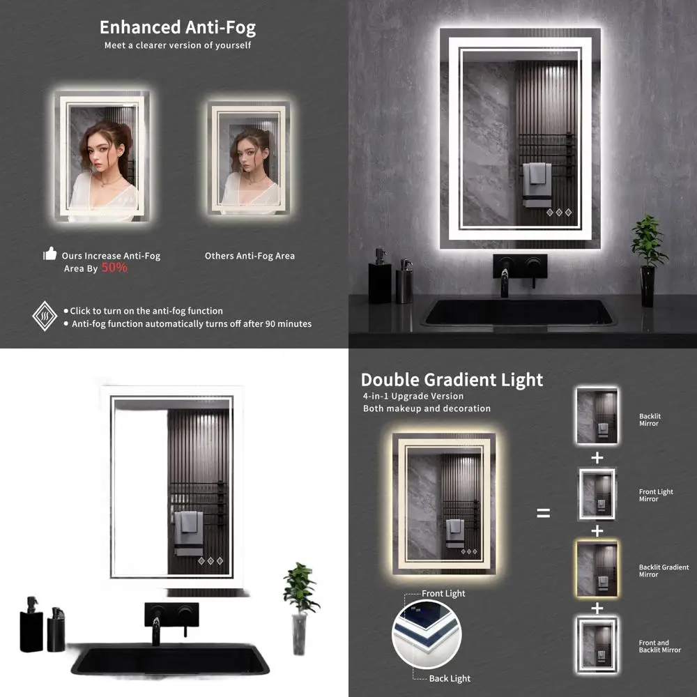

Зеркало для ванной с градиентной LED-подсветкой 20x28 дюймов, 3 цветовые температуры, высокий CRI и защита IP54