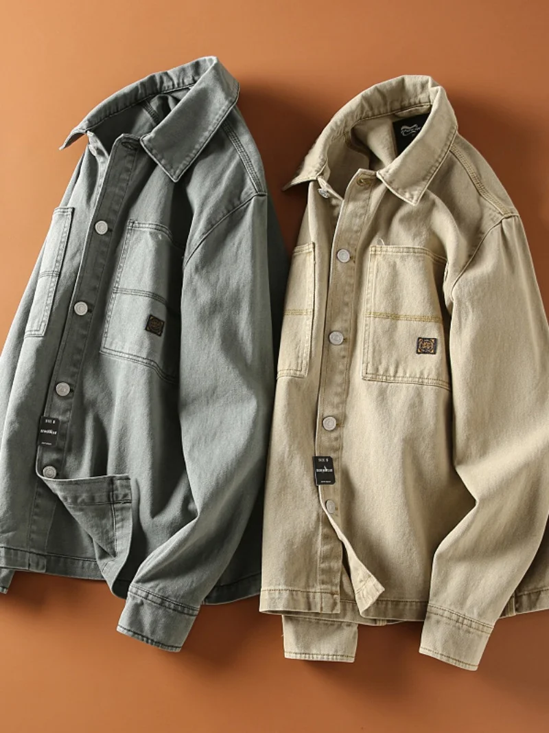 

Ameikaji Heavyweight Washed Vintage American Casual Men's Workwear Style Shirt Jacket Trendy Outerwear Loose Fit Spring Autumn