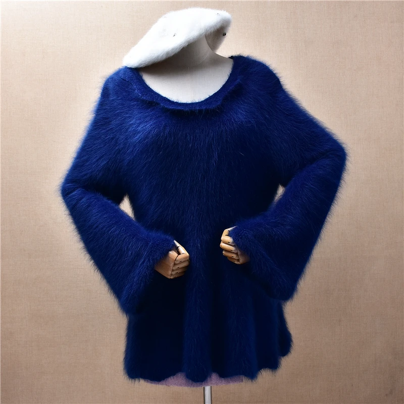 

Elegant Fashion Ladies Women Fall Winter flouncing Hairy Plush Mink Cashmere Knitted O-Neck Long Sleeves Loose Sweater Jumper