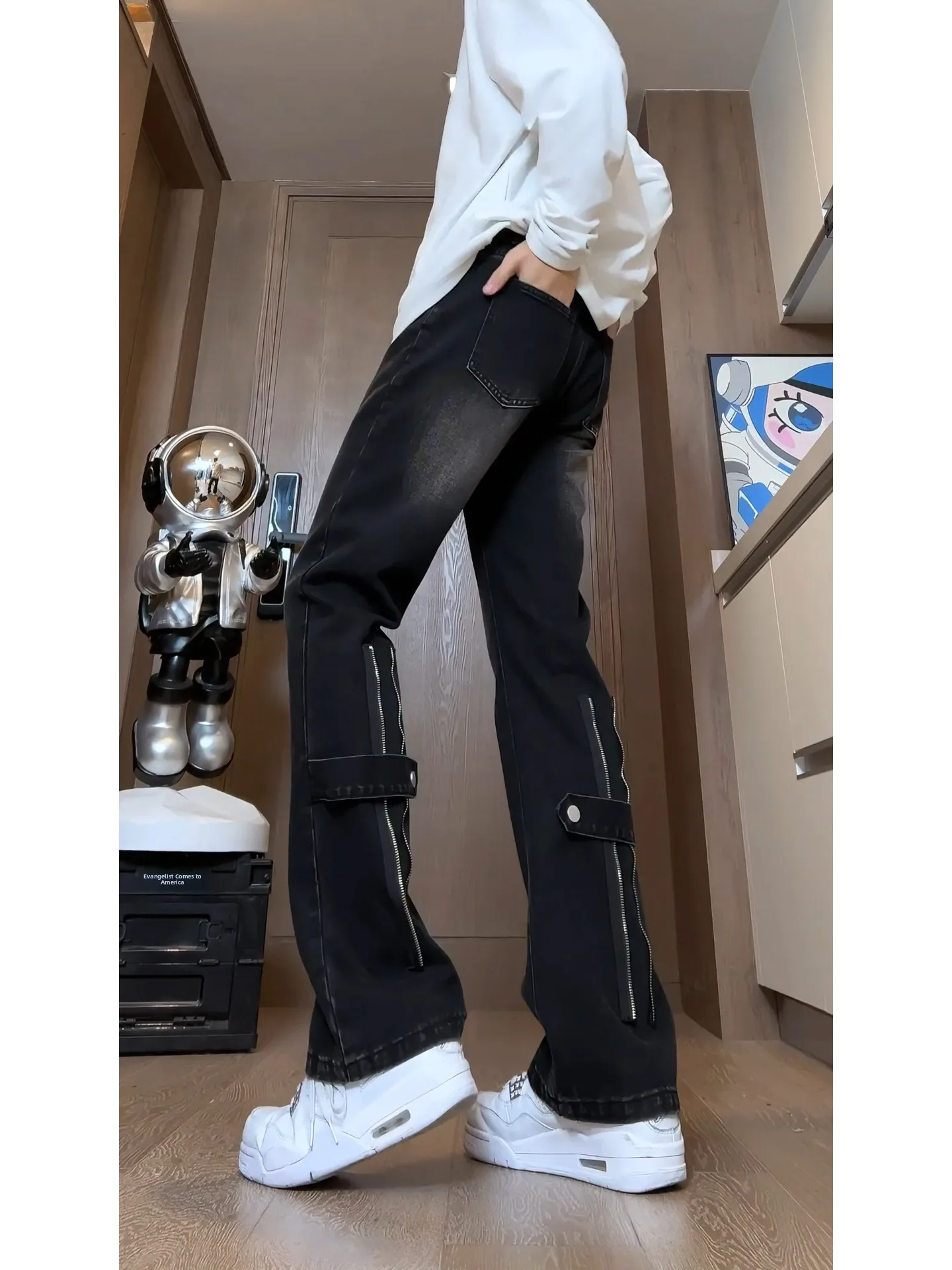 

Bla Zipper Design Slim Fit Men's Jeans Spring Autumn High Street Vibe Straight Leg Pants mid Waist Long Trousers Youth Faion