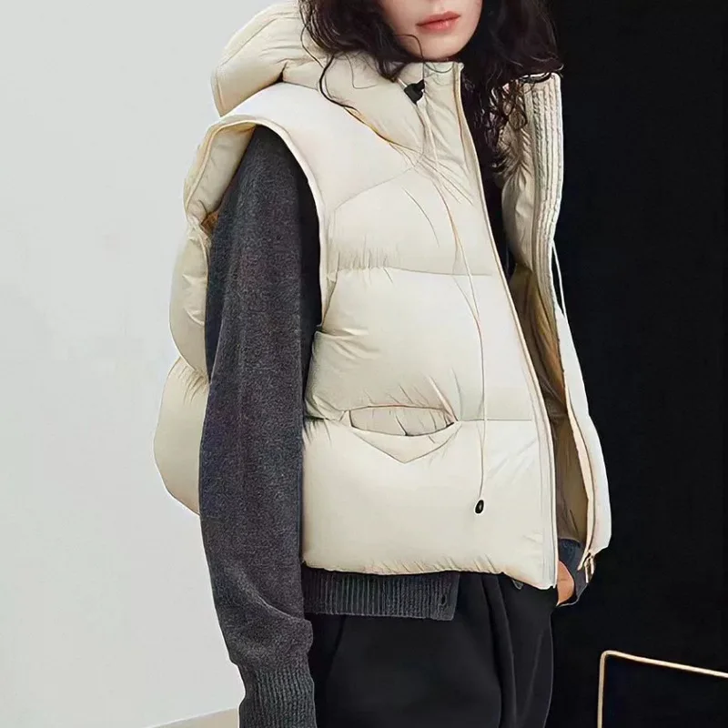 Women White Duck Down Vest Winter Hooded Sleeveless Puffer Jacket Fashionable Duck Feather Waistcoat Man Outerwear JK-141