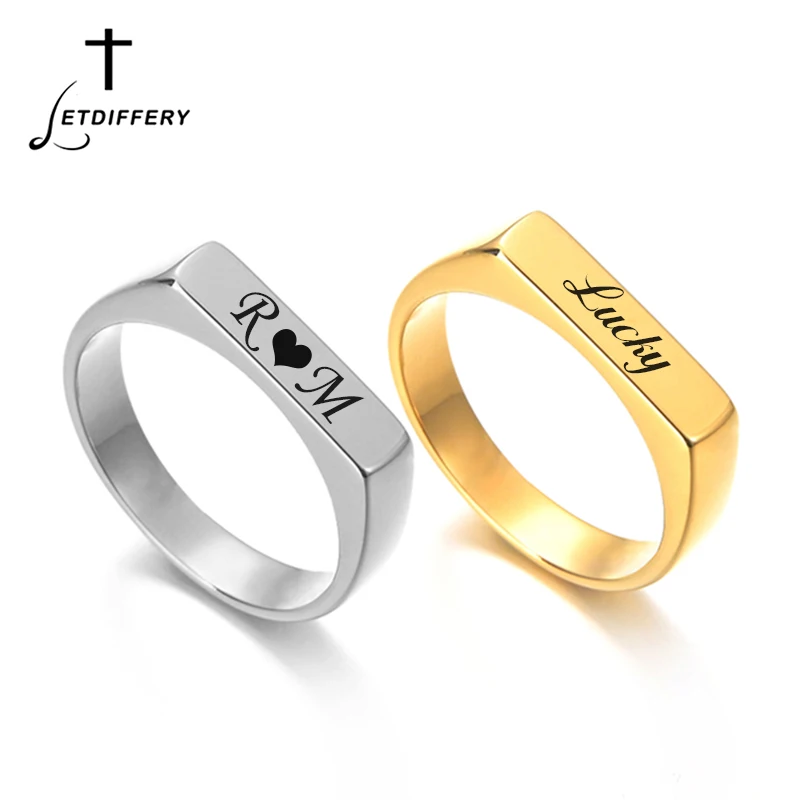 

Letdiffery Personalized Laser Engraved Initials Name Women Rings Suqare Stainless Steel Custom Ring For Lovers Anniversary Gift