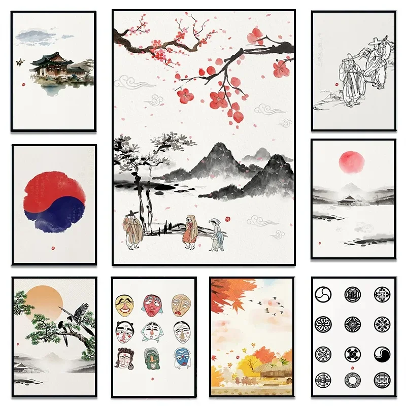 Korean Ink Lotus Sunset Mountain Seoul Minimal Landscape Poster and Print Canvas Printing Wall Art Picture for Living Room De