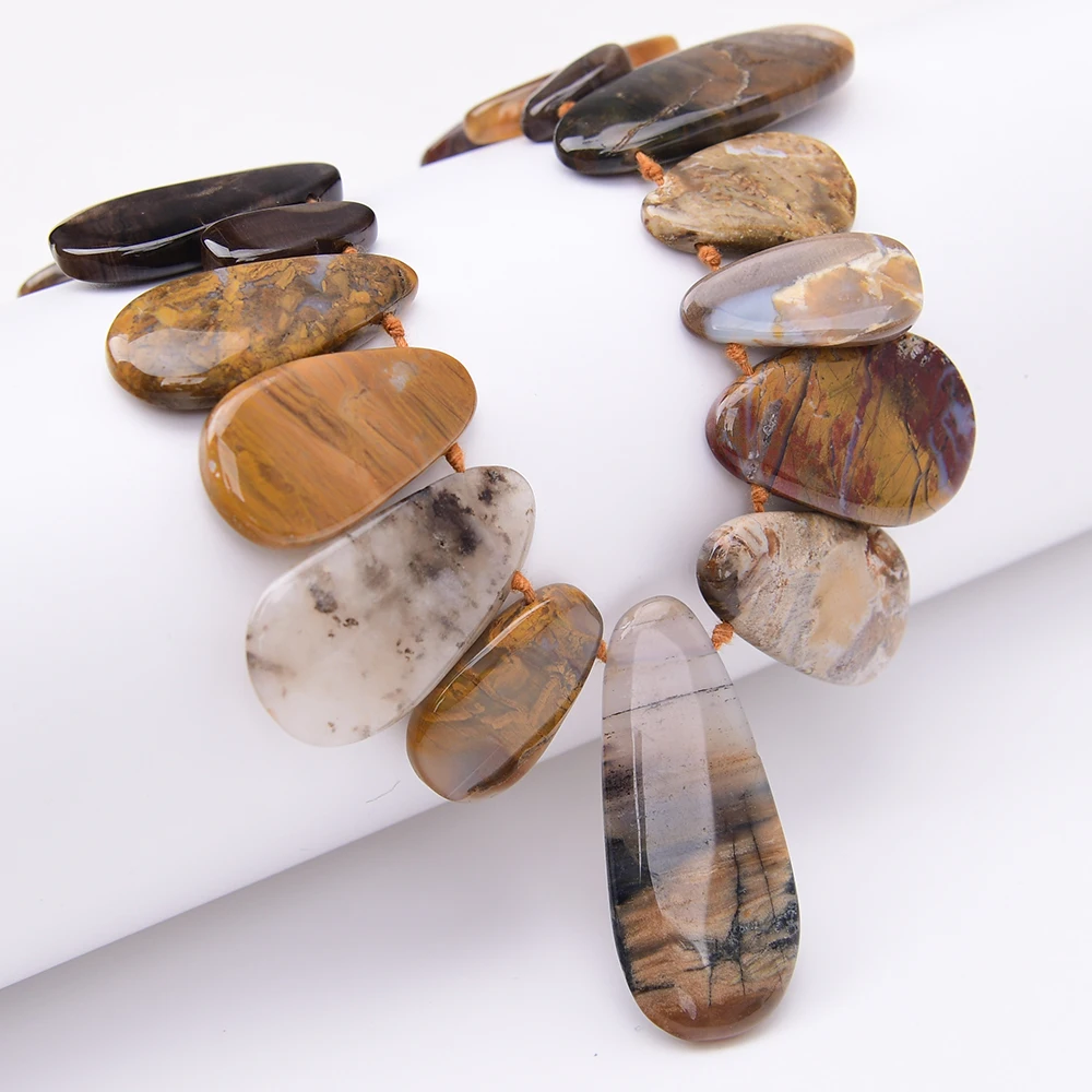 APDGG Natural Mix Color Petrified Wood StoneTop-Drilled Teardrop Slice Loose Beads 16' Jewelry Making DIY