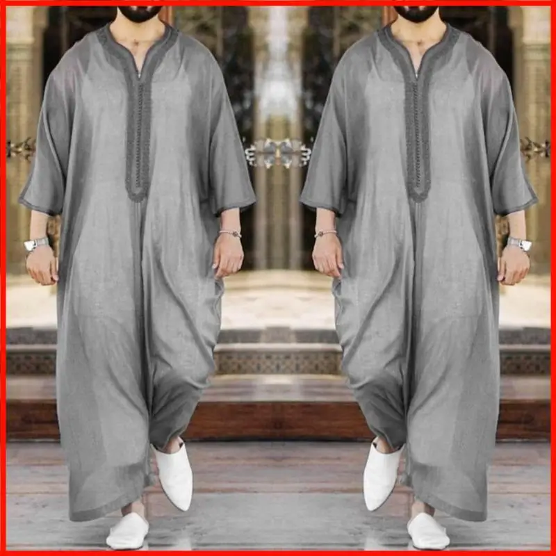 Abito musulmano Ramadan grigio Abayas Dubai Casual Kaftan Robe semplice Costume islamico casual con regali maniche lunghe per