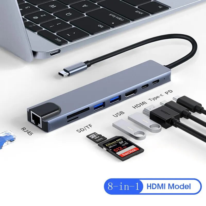 8 في 1 USB نوع C موزع C مقسم 4K ثندربولت 3 محطة لرسو السفن كمبيوتر محمول Air M1 iPad Pro RJ45 HDMI