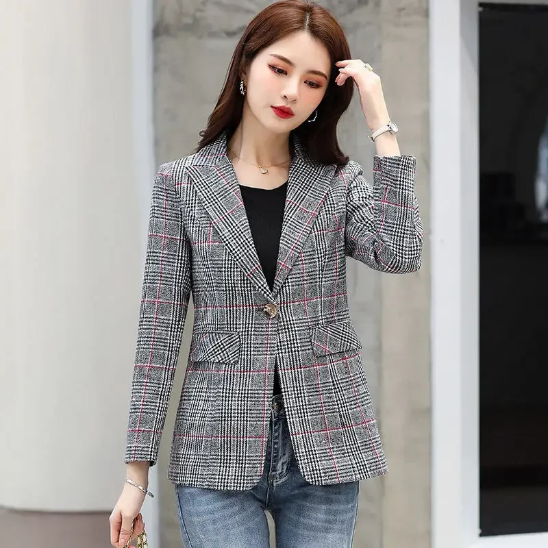 Ladies New Fashion Lattice Suit Blazer Women Clothing Woman Office Wear Casual Nice OL Jacket Female Girls Coats PA1200