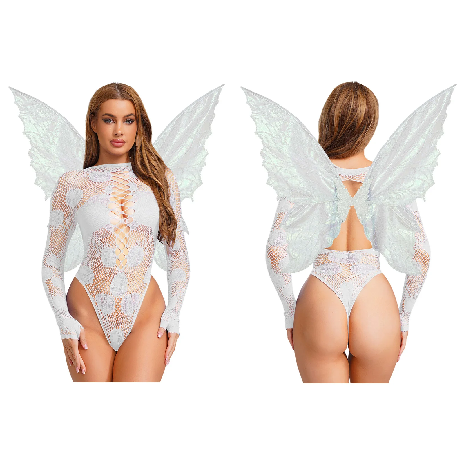 

Women Lingerie Fishnet See Through Teddies Bodysuit And Butterfly Wings Set Erotic T-back Tearable Couple's Role Play Nightwear